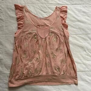 Tsumori Chisato Pink & gold bow print ruffle sleeve top Size 2